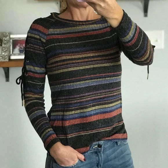Multi Color Stripe Tie Sleeve Top - Picture 1 of 7